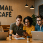 Mahasiswa bekerja dengan laptop di interior kafe modern dengan suasana hangat dan elemen edukatif