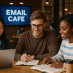 Mahasiswa baru sedang belajar dan berdiskusi di dalam Email Cafe yang modern dan inspiratif.